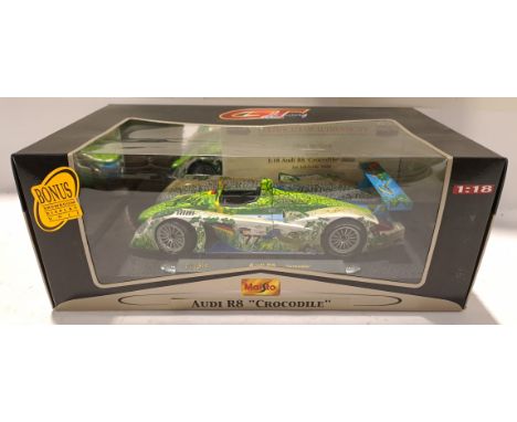 Maisto, a boxed and Signed 1:18 Scale Audi R8 "Crocodile" 2000 signed by Allan McNish COA Included. Although unchecked for co