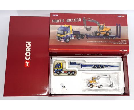 Corgi Heavy Haulage, 1:50 Scale, CC14007 Volvo FH Nooteboom Step Frame Trailer &amp; Volvo Excavator Wheel EW180B &ldquo;East