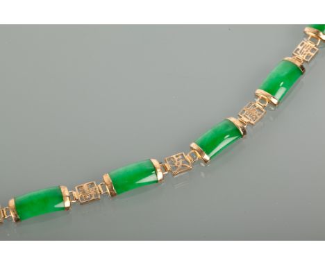 CHINESE JADE BRACELET set with rectangular green jade links, unmarked, along with a Chinese jade pendant with a rectangular s