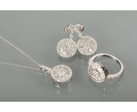 ART DECO STYLE SUITE OF DIAMOND JEWELLERY comprising of a ring, pendant and earrings, of circular form set with brilliant and