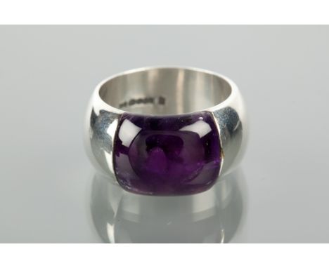 SILVER AMETHYST DRESS RING BY HAMILTON AND INCHES the broad band set with a single large curved rectangular amethyst approxim