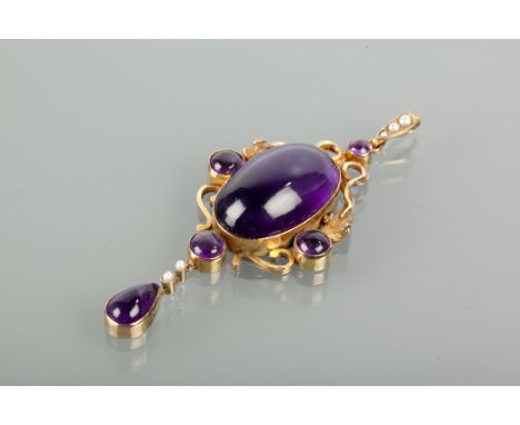 IMPRESSIVE AMETHYST SET PENDANT formed by a large oval amethyst approximately 28mm high, within a sinuous openwork mount with