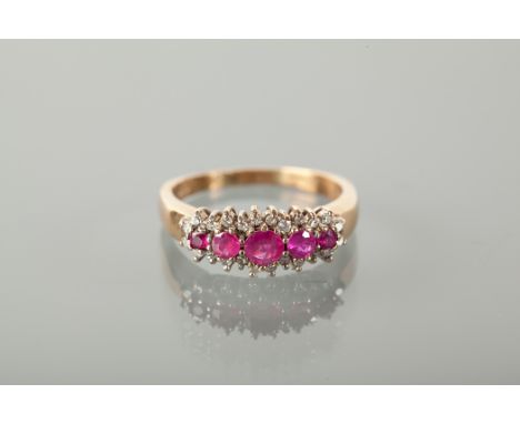 RUBY AND DIAMOND CLUSTER RING set with a row of five graduated rubies, surrounded by diamonds, marked 375 for nine carat gold