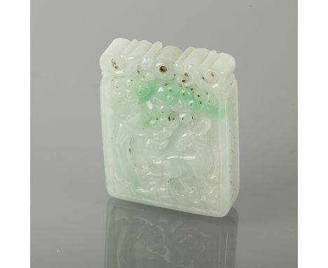 LARGE CARVED PENDANT possibly jade, with green tones, of rectangular form, one side carved to depict carp, the other carved t