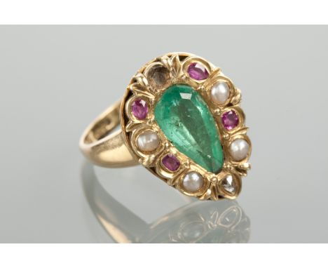 IMPRESSIVE EMERALD, DIAMOND, RUBY AND PEARL RING the bezel early eighteenth century and set with a large central pear shaped 