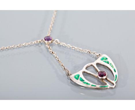 CHARLES HORNER SILVER NECKLACE of Art Nouveau style, set with two round purple stones and with sections of green enamel, with