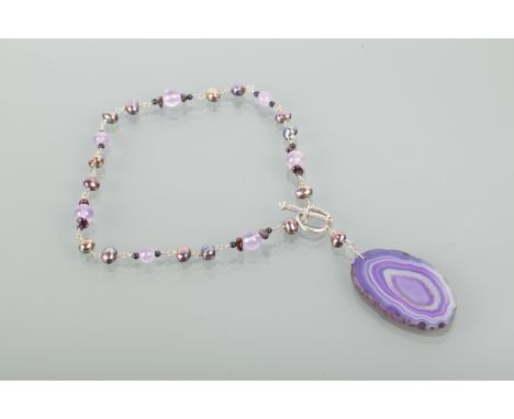 BANDED AGATE, AMETHYST AND PEARL NECKLACE RETAILED BY LIBERTY AND CO the large banded agate with purple and white tones, appr