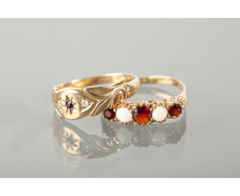 VICTORIAN STYLE GARNET AND OPAL RING set with alternating round opals and garnets, marked 375 for nine carat gold, size R-S; 