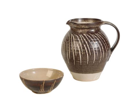 * MICHAEL LEACH (1913-1985) A YELLAND POTTERY JUG, stoneware, the globular body decorated with repeating white stripes agains