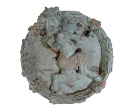 *PHOEBE STABLER (1879-1955) 'The Piping Fawn' a lead-covered roundel plaque, cast in relief with a central fawn framed by a d