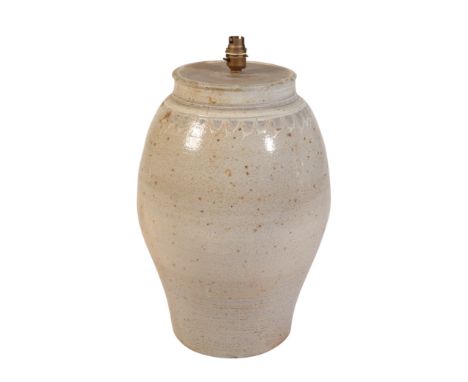*SARAH WALTON (b.1945): A LARGE STUDIO POTTERY STONEWARE LAMP BASE, glazed with stylised decoration, 43.5cm high approx (excl