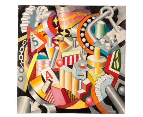 *FREDERIC SCHWENTZEL (b. 1940) A vivid abstract mechanical study, signed lower right, oil on canvas, 80cm x 80cm (unframed on