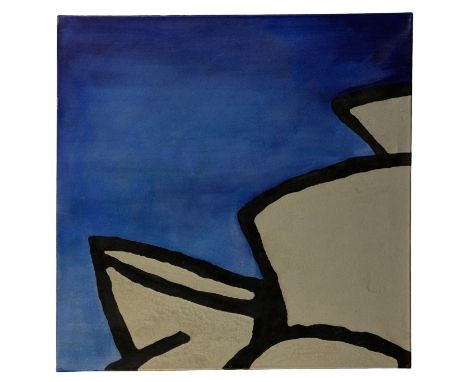 *RICHARD SLADDEN (1933-2020) A pair of abstract architectural paintings, silver and black outlines against a rich blue ground