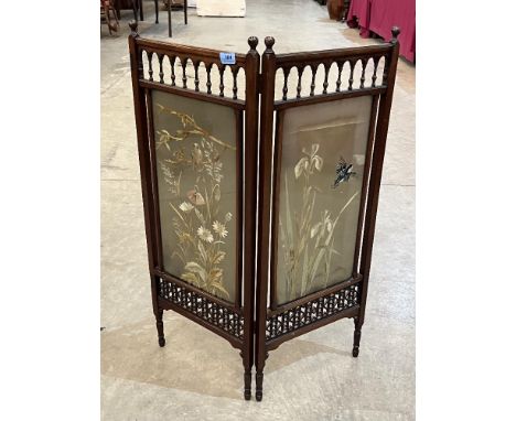 A late Victorian mahogany diptych firescreen with embroidered silk banners 28'w x 36'h