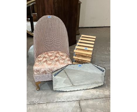 A 1930s loom bedroom chair, a wall mirror and a wine rack (3)