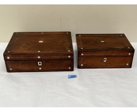 A 19th century rosewood and mother-of-pearl inlaid jewellery box 10' wIde, together with a 19th century rosewood writing slop