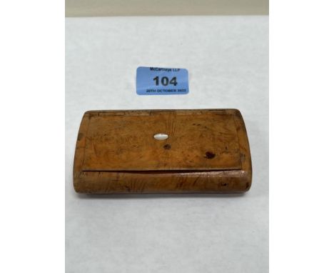 A 19th century burr elm and horn lined snuff box, the lid set with a mother-of-pearl cartouche. 4' wide 