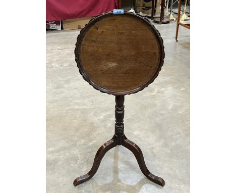A 19th century mahogany snap-top table with piecrust moulded top on tripod support. 14½' x 27' high