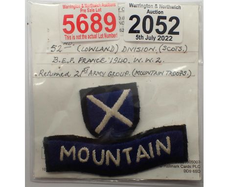 WWII 52nd Lowland Division (later 21st Army Group: Mountain Troops) embroided shoulder title. P&amp;P Group 1 (£14+VAT for th