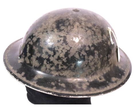 British WWII period First Aid Post helmet in black with leather liner and canvas chin strap. P&amp;P Group 2 (£18+VAT for the