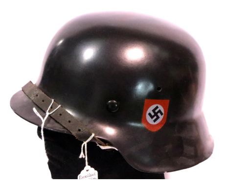 German WWII replica SS steel helmet with leather liner and chin strap, size 58. P&amp;P Group 2 (£18+VAT for the first lot an