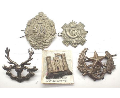 Scottish Regiment cap badges and helmet plates including Inniskilling 6th Dragoons. P&amp;P Group 1 (£14+VAT for the first lo