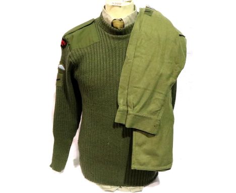 Royal Marines Commando olive green jumper, with shirt, tie and additional shirt, badged to rank of Lance Corporal. P&amp;P Gr