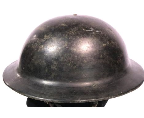 British WWII non-conductive lightweight Brodie style helmet in black with liner and chinstrap. P&amp;P Group 2 (£18+VAT for t