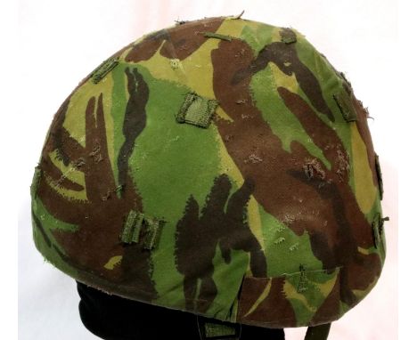 Gulf War period NATO issue MK6 combat helmet with liner, camouflage cover and chin strap, size medium. P&amp;P Group 2 (£18+V