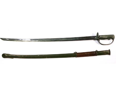 An early 20th century cavalry sword, with green painted steel scabbard, guard and grip. No number on scabbard, paint has came