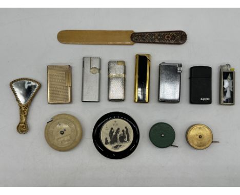 Collection of Lighters to include Dupont, Zippo, along with Antique Measure Tools, and other. 