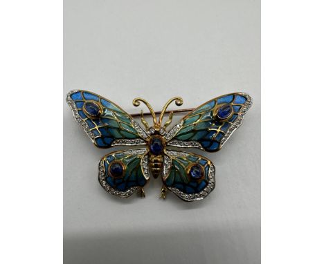 18ct Gold and Enamel Sapphire and Diamond Set Butterfly Brooch. 