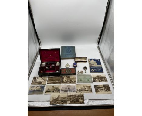 Assorted Lot to include Victorian Vanity Case, Hallmarked Tea Caddy Spoon, Pocket Watch, Trinket Box, Postcards, and WW1 -WW2