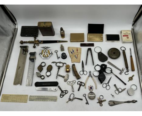 Assortment of Miscellaneous items to include White's London 19th Century Romantic Dagger, AA Badge, Various Tools, Magnifying