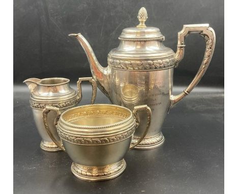 A three piece white metal tea service, awarded in 1924 to Band Sergeant GAP Wilson of the 1st Battalion East Lancashire Regim
