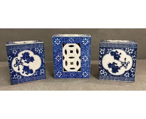 Three blue and white Chinese ceramic opium pillows 