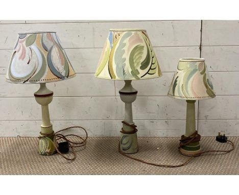 Three hand painted wooden lamp, signed to base and shade