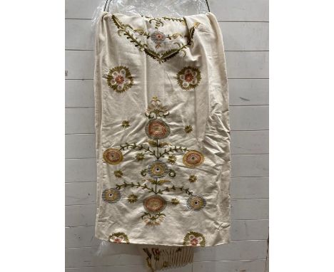 A pair of linen embroidered interlined curtains 225cm drop width 94 cm per curtain. 