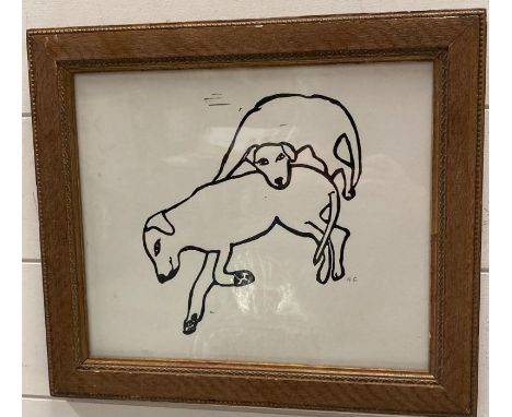 A signed Hugo Guinness  block print 'Two Labradors' 37 cm x 32cm framed.