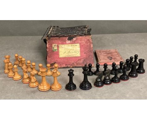 A 19th century Jacques boxwood and ebony Staunton pattern chess set, the white king stamped 'Jaques London', 8.5cm high, the 