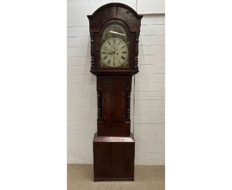 A Mahogany Longcase clock, white dial painted with a country scene, dome top.