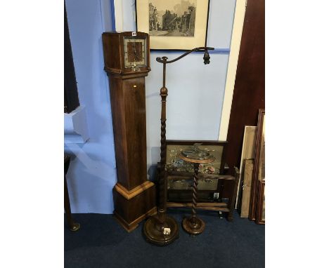 An Art Deco walnut grandmother clock, firescreen, Indian table etc