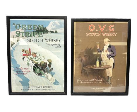 Two framed advertising posters for whisky, the first example for Green Stripe Scotch Whisky and the second for O.V.G Scotch W