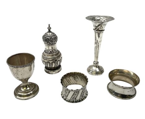 Collection of silver, to include mid 20th century napkin ring, Victorian shaker ornately decorated, hallmarked Chester 1895, 