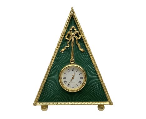 Kitney &amp; Co small desk clock, in green guilloche enamel case of triangular form, decorated with gilt throughout, raised u