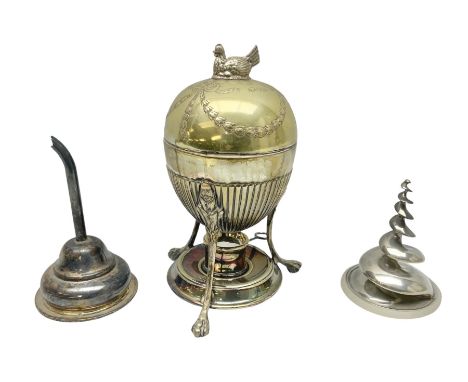 Silver plated egg coddler with a hen finial, H21cm, together with an Edwardian silver plated wine funnel with gadrooned rim, 