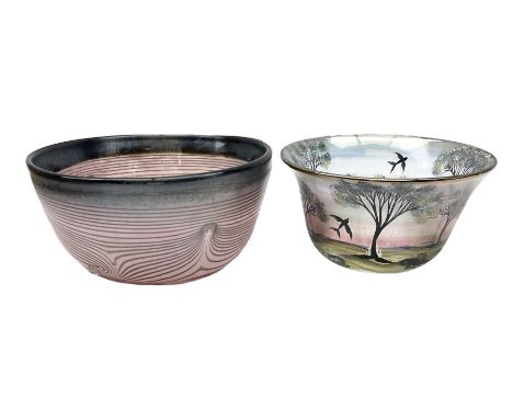 Two Eisch studio glass bowls, the first example hand painted with a landscape of trees, the second example decorated with bla