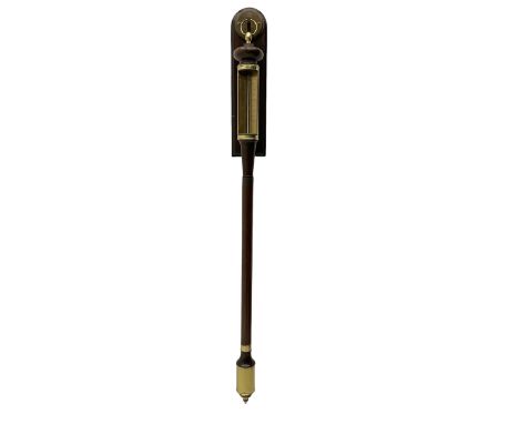 Mahogany gimble mercury barometer with mounting bracket, measuring barometric air pressure from 27 to 31 inches, engraved bra