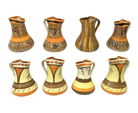 Eight Myott Son &amp; Co hand painted jugs, all with printed mark beneath, H21cm