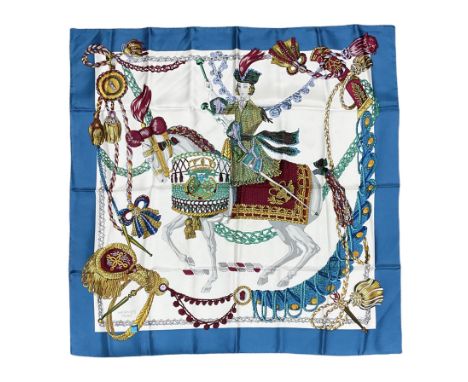 Hermes 'Le Timbalier' silk scarf, designed by Francoise Heron in 1961, printed with a central image of a gentleman on horseba